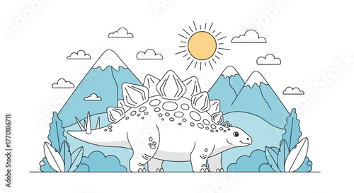 A friendly Stegosaurus dinosaur with distinctive plates on its back stands in a prehistoric landscape with mountains and a shining sun.