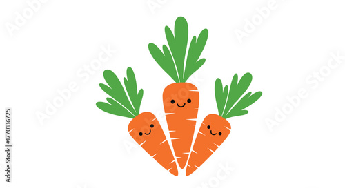Three adorable cartoon carrots with happy smiling faces and vibrant green tops, perfect for a cheerful and healthy theme.