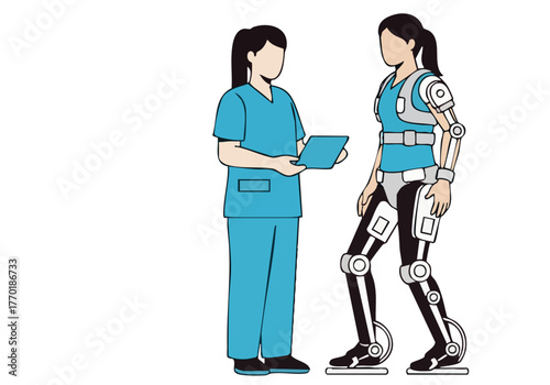 healthcare professional monitors a robotic patient's progress using a tablet Clean modern illustration showcasing assistive technology and patient care Focus on the interaction and technological