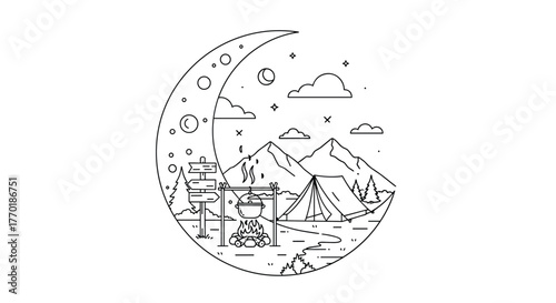 Minimalist line art illustration of a serene night camping scene under a crescent moon, featuring mountains, a tent, and a warm campfire.