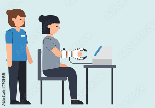 healthcare professional guides a patient during robotic rehabilitation The image showcases a modern therapy setup with a robotic arm and computer interface