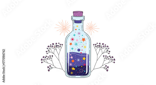 A clear glass bottle filled with sparkling magical potion and colorful stars, framed by delicate floral branches, against a clean white background.