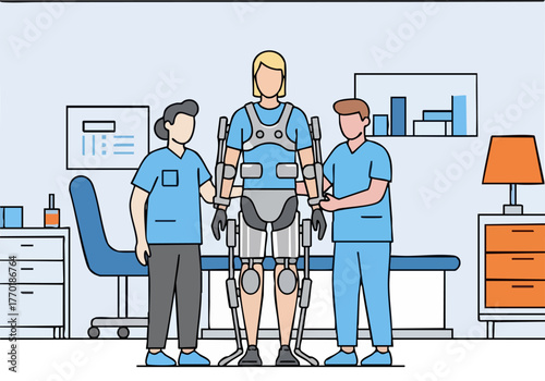 Healthcare professionals examine a patient with a robotic exoskeleton. A clinical setting showcases rehabilitation and advanced technology. Clear, professional composition.