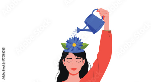 A serene woman waters a blue flower on her head, metaphorically illustrating the importance of cultivating mental well-being and personal growth.