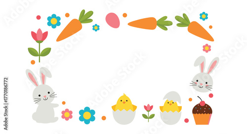 Cute Easter and spring-themed decorative frame featuring bunnies, chicks, carrots, and flowers on a white background, perfect for text.