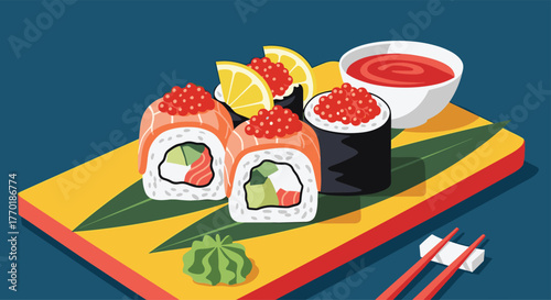 A colorful illustration of various sushi rolls with salmon, fish roe, wasabi, and chopsticks, served on a wooden board.