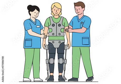 Healthcare team assists a patient wearing a robotic exoskeleton. A supportive and collaborative scene showcasing rehabilitation and technology. Clean, modern illustration.