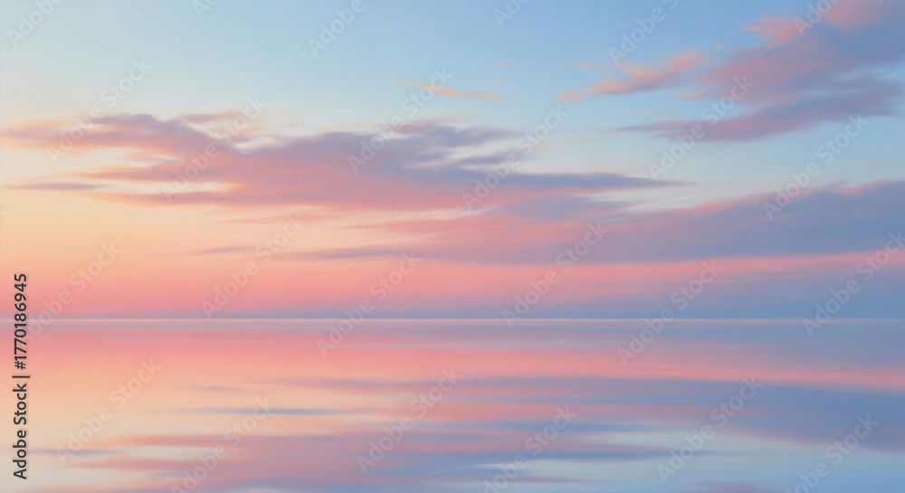 Fototapeta premium Pastel Colored Sky Over Water - Calm water reflects a pastel sky. Serenity, reflection, peace, hope, and tranquility