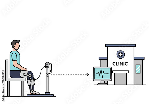A man uses a robotic leg and remote rehab system, connected to a clinic monitor. Illustrative, modern design showcasing telehealth rehabilitation.