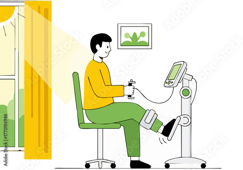 A young man uses a vascular assessment device in a home setting.  Bright light highlights the equipment.  Clean, modern illustration style.
