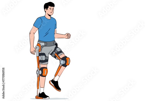 A young man uses smart prosthetic legs, demonstrating a smooth step flow. Modern illustration style, vibrant colors, and clear composition for commercial use.