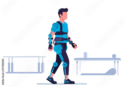 A young man walks using an exo-skeleton in a modern office setting. The image showcases robotic assistance and rehabilitation technology. Clean, graphic style.
