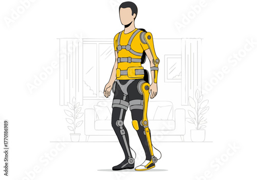 man wearing a futuristic exoskeleton strides confidently through a modern living room The -Fast Step Aid- device is prominently displayed showcasing innovative mobility technology 