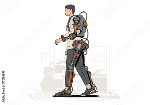 A man walks with a robotic exoskeleton, ?Rehab Ease Boost,? showcasing advanced mobility assistance. Modern, detailed illustration.