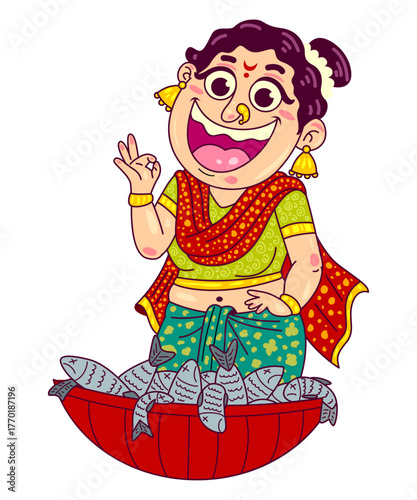 Cartoon vector illustration of a Koli woman selling fish — traditional Indian fisherwoman wearing saree and jewelry, holding a fish basket, perfect for cultural and coastal-themed designs.