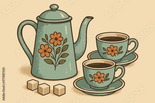 Sugar enamel coffee scene illustration displayed cubes pattern vector retro vintage beside
