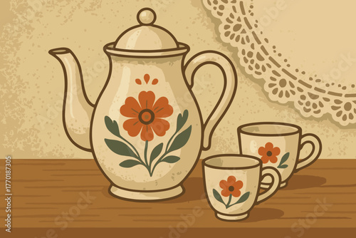 Counter illustration tablecloth wooden small retro set vector painted coffeepot