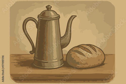 Retro beside bread coffeepot style softly scene wooden illustration surface vector