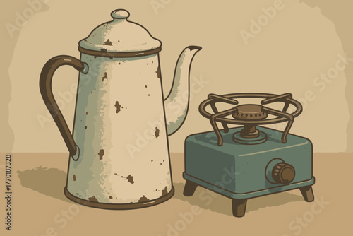 Setup standing muted chipped gas coffee vintage enamel stove near coffeepot vector