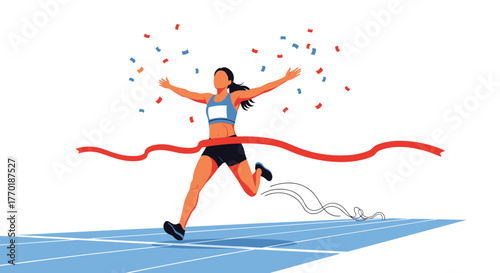 A triumphant female runner breaks the finish line tape with arms raised, celebrating her victory in a race.
