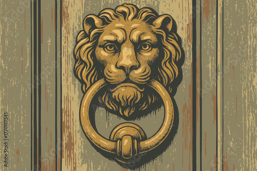 Illustration head like muted lion retro mounted tones vector door doorknocker weathered