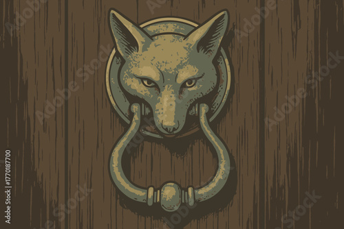 Wooden vector vintage patina dark fox face doorknocker illustration aged surface