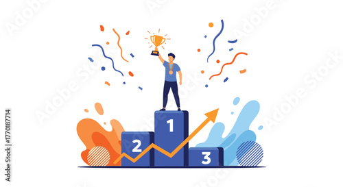 A victorious man stands on the first-place podium with a golden trophy, celebrating his achievement and success with confetti and a rising performance graph.
