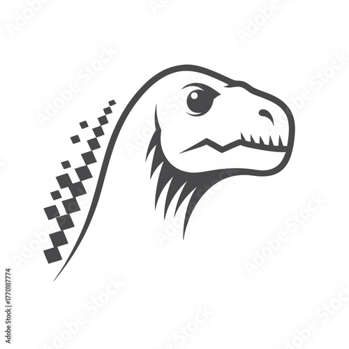 Dinosaur Head with Pixelated Neck on White Background Simple Icon Logo
