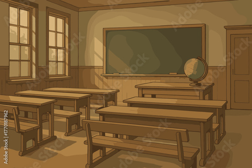 Lit illustration benches nostalgic vector style classroom wooden vintage scene interior