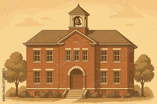 Vector top school tones brick retro tower façade building illustration