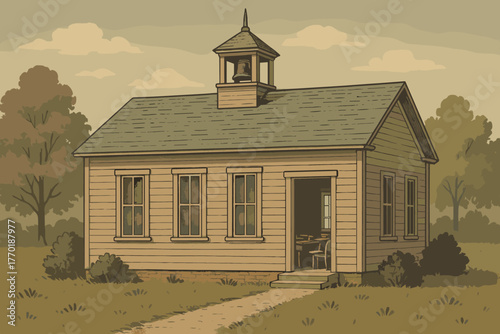Retro inside windows muted desks vector textured tall through illustration tones schoolhouse