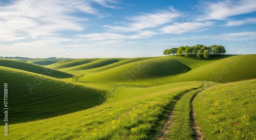 Rolling Green Hills Landscape - A serene view of rolling green hills under a blue sky with wispy clouds, highlighting a peaceful countryside scene