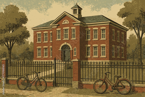 Nearby iron fence vintage environment retro vector grammar illustration school bicycles