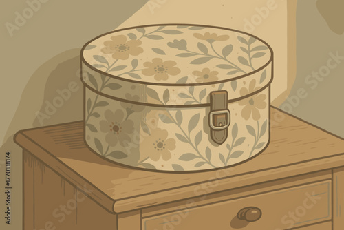 Retro vector illustration soft muted light hatbox nostalgic wooden floral
