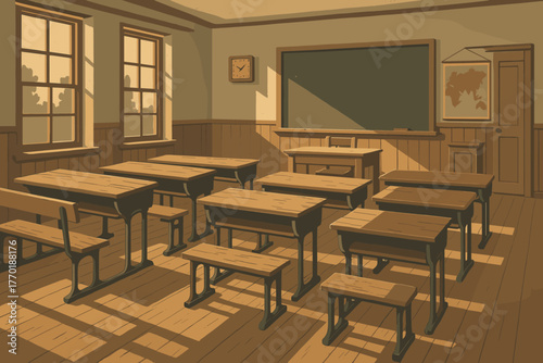 Shadows vector sunlight casting wooden classroom nostalgic illustration scene long desks