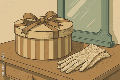 It tied vintage hatbox gloves lace table illustration vanity beside vector