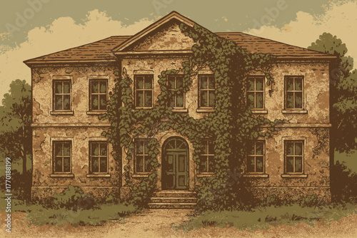 Retro aged weathered vector illustration exterior ivy muted ambiance school