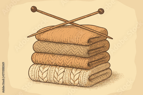Illustration vector top scene vintage sweaters wool light folded balanced knitting needles