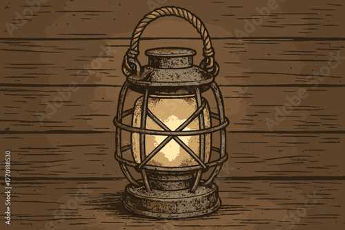 Against handle rustic lit cage vector lantern rope weathered vintage illustration