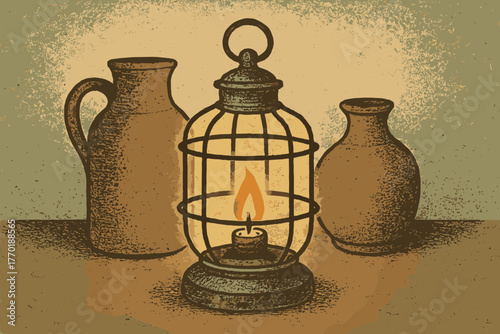 Illustration vector lantern frame decor muted cage surrounded enclosing vintage tabletop small