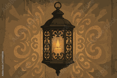 Cage across ornate vector illustration lantern spilling retro vintage patterns walls