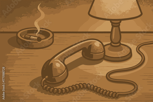 Illustration receiver desk vector beside lit sepia scene retro placed lamp
