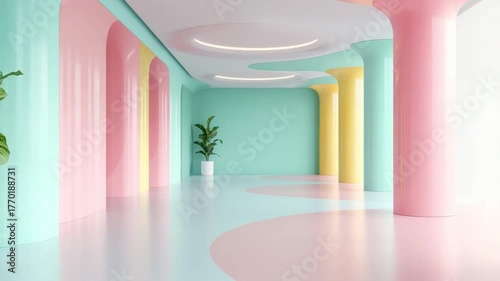 Bright and Colorful Modern Interior Design with Vibrant Walls and Stylish Architectural Elements in a Spacious Hallway 4k video footage