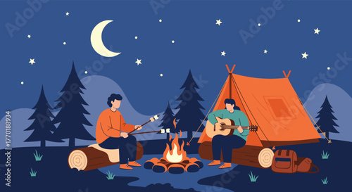 Two friends enjoy a peaceful night of camping, roasting marshmallows by the campfire and playing guitar under the starry sky.
