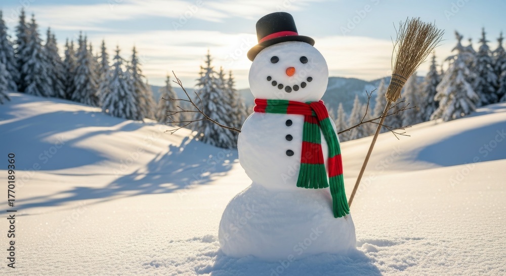 Fototapeta premium Snowman in a Winter Landscape - A happy snowman with a scarf and hat stands in a snowy winter landscape with trees