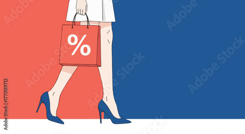 Flat vector of woman legs in heels carrying shopping bag with percent symbol, coral and blue color blocks, minimalist composition for fashion or boutique sale poster