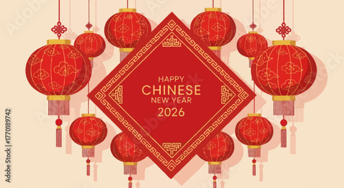 flat vector illustration for Chinese New Year 2026, elegant hanging red lanterns with gold tassels, soft beige background, red diamond frame in the center with greeting text