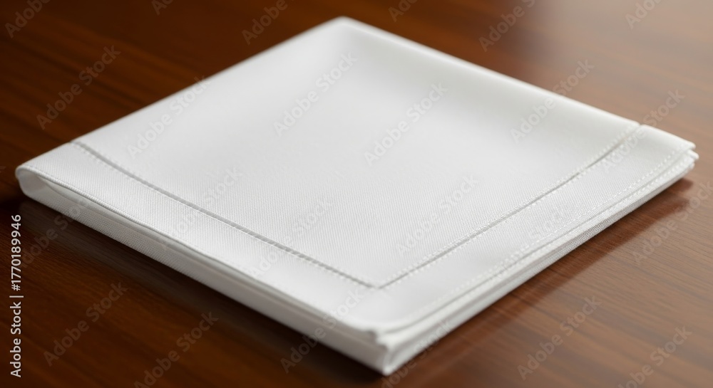 Fototapeta premium Stack of White Napkins on Wooden Surface - A neat stack of white square napkins with subtle stitching detail sits on a dark brown wooden table surface