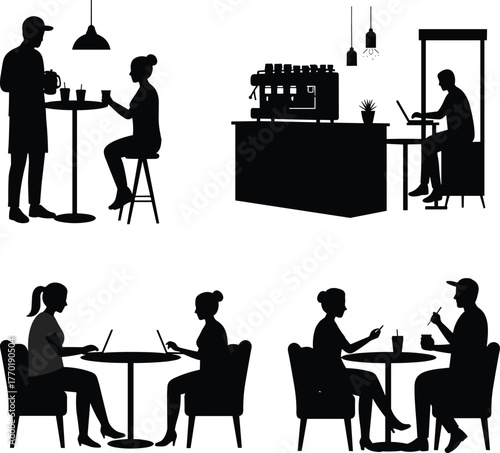 Coffee shop silhouettes, people working on laptops, barista serving drinks, cafe interior design, modern workspace, coffee culture