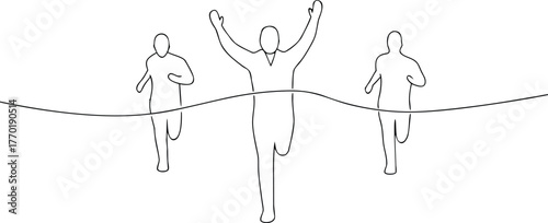 Runners crossing finish line with winner raising arms